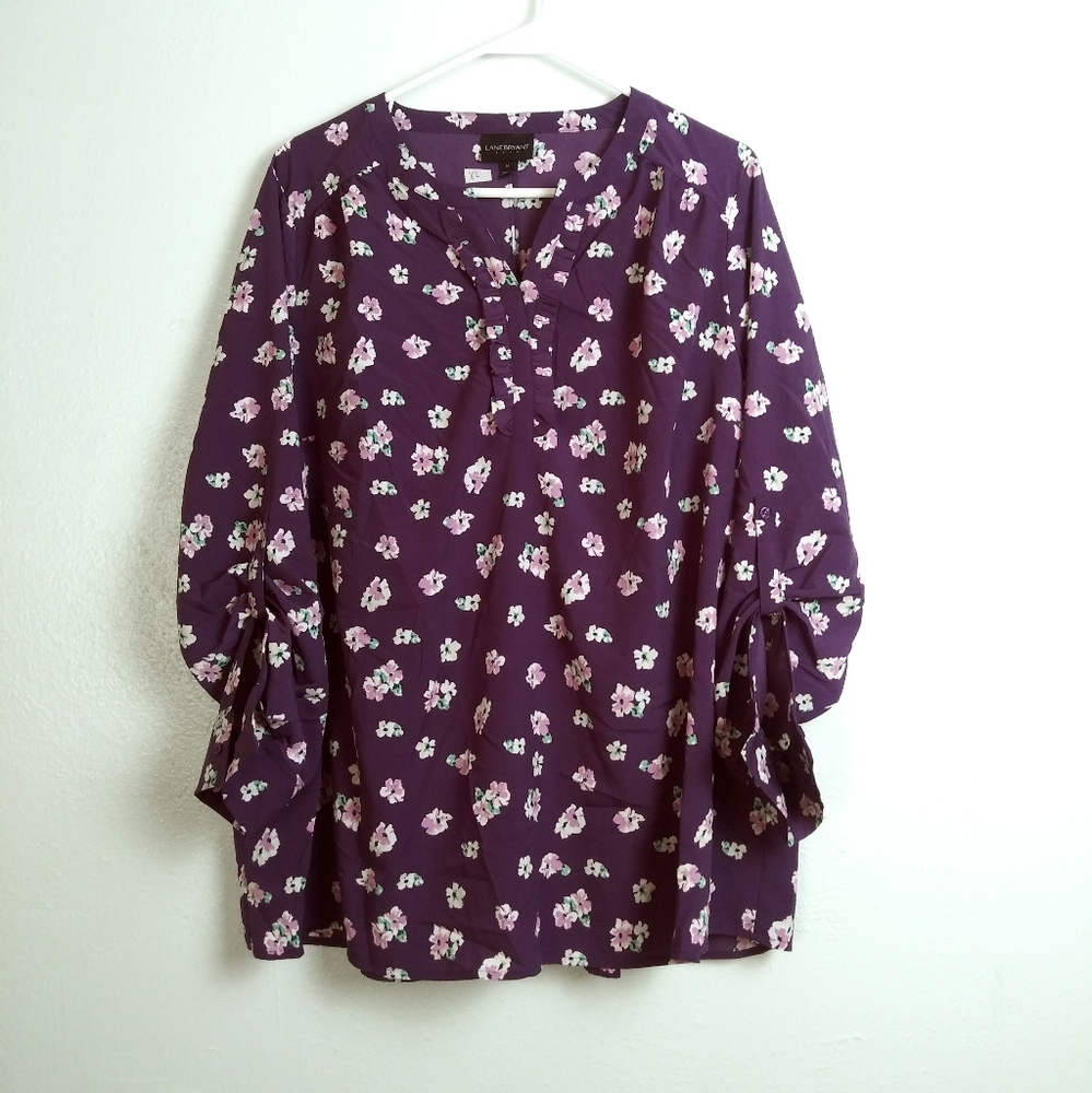 Lane Bryant 16 Blouse Purple Floral Ruffled V Notch- Tab Sleeve - Picture 3 of 14
